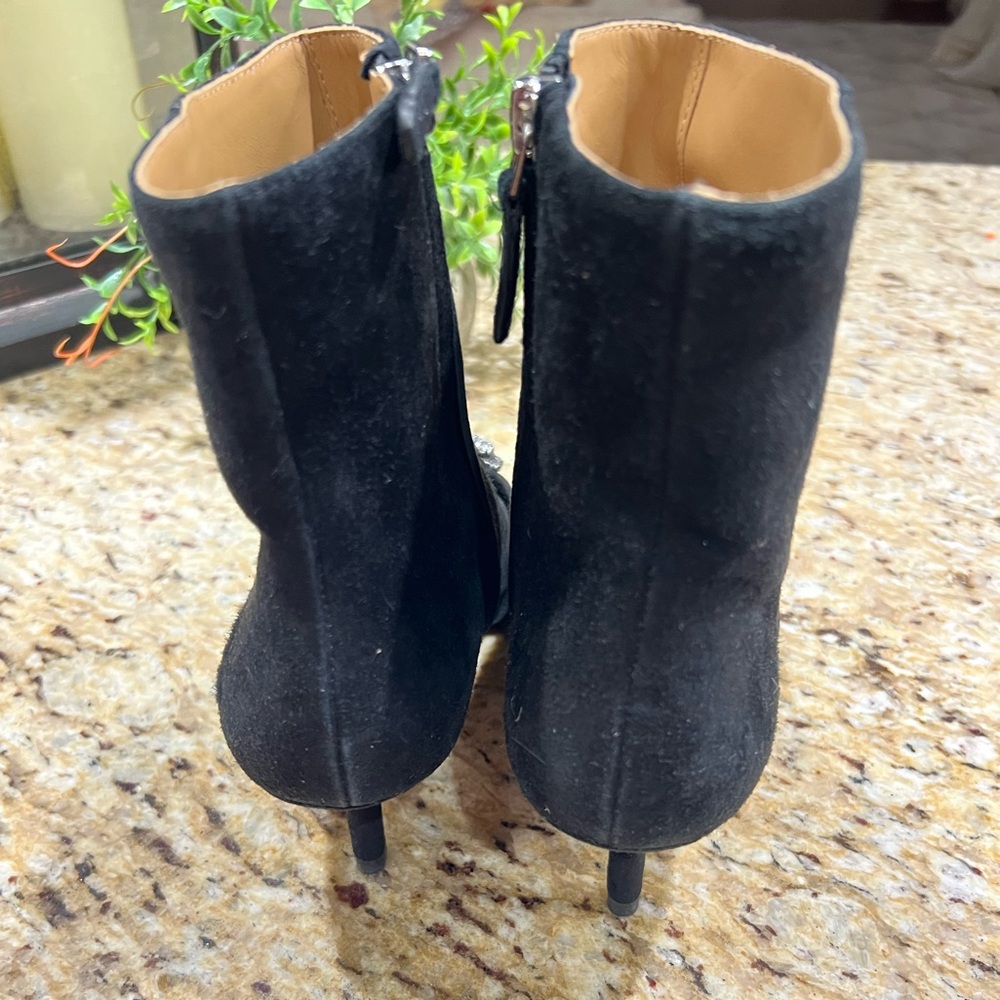TORY BURCH Crystal-Buckle Black Velvet-like Leather Booties w/ Gunpower Metal 8M - Picture 7 of 10